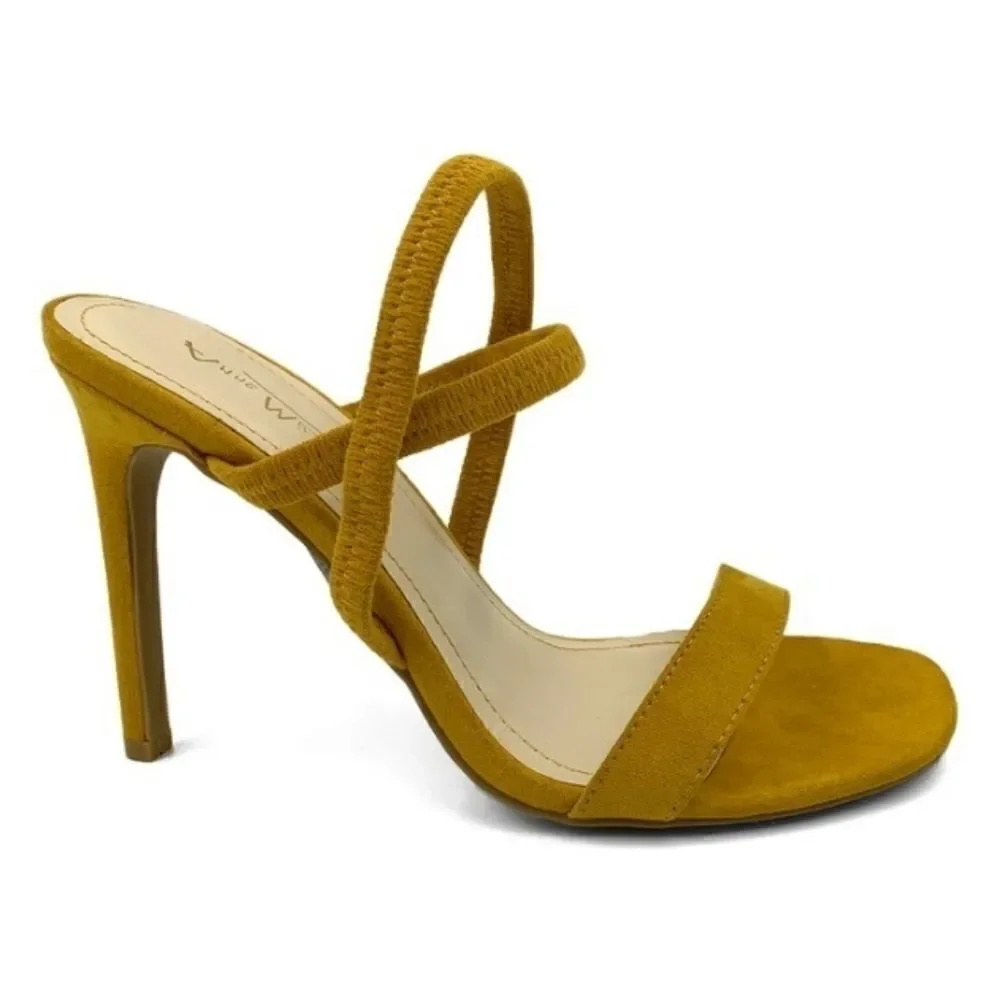 AnneMichelle mustard crisscross band open-toe pump